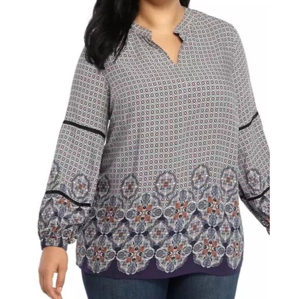 New Directions Curvy Peasant Blouse 2X Navy Multi Paisley Long Sleeve Balloon